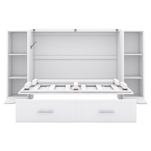 Queen Size Murphy Wall Bed with Storage, Bookcase Headboard, Solid Wood Cabinets, Shelves, Drawers and USB Ports