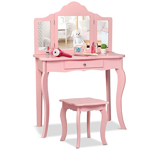 HONEY JOY Kids Vanity Set with Mirror, 2-in-1 Wooden Toddler Vanity Table with Stool, Tri-Folding Mirror & Drawer, Removable Top