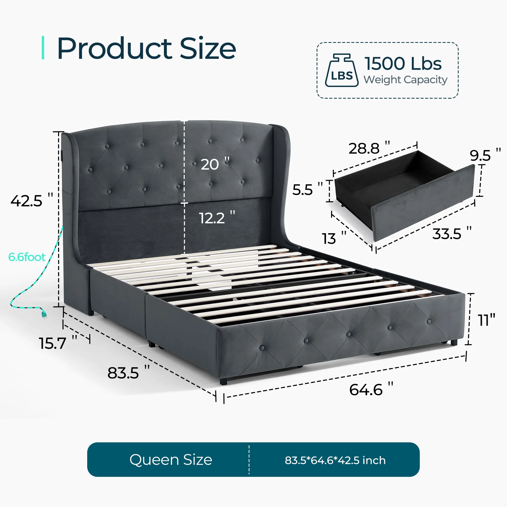 Linsy Home Upholstered Queen Size Platform Bed Frame with Headboard and 4 Storage Drawers, Storage Bed with Remote RGB Lights & Fast Charger