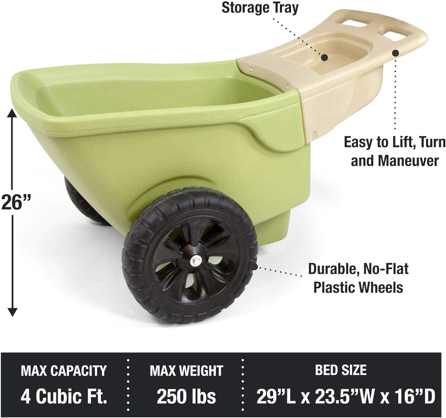 Simplay3 Easy Haul Plastic Wheelbarrow w/Garden Tool Storage Tray, 4 Cubic ft. Capacity, 2 Wheels - Green