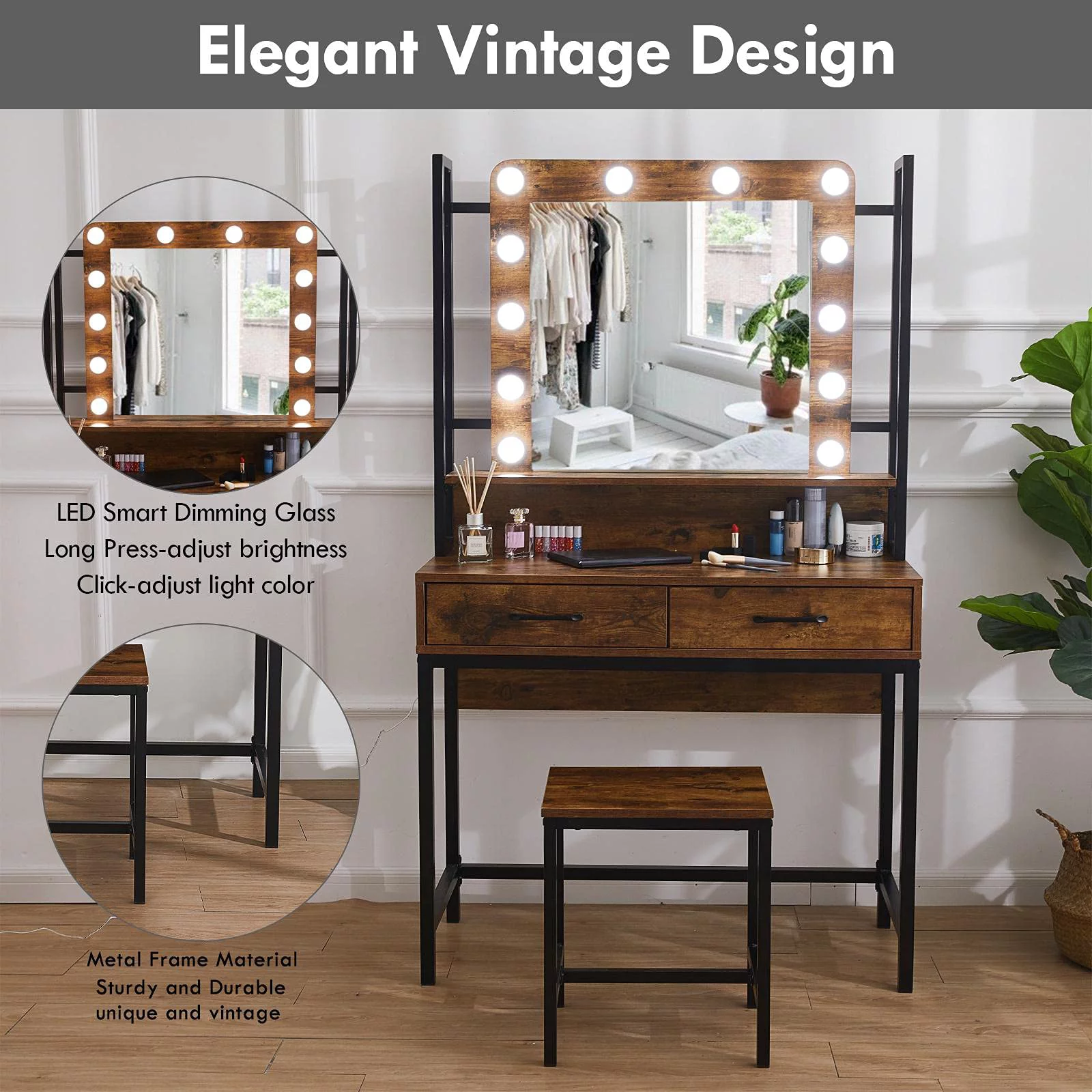 Veanerwood Rustic Vanity Set with Adjustable Lights, Makeup Vanity Table Desk for Bedroom, 3 Drawers, Brown