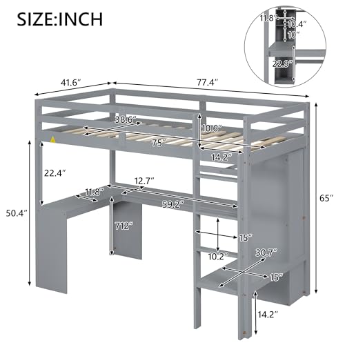 SOFTSEA Full Size Loft Bed with Desk & Wardrobe, Wood Loft Bunk Bed with Storage Shelves and Cabinets
