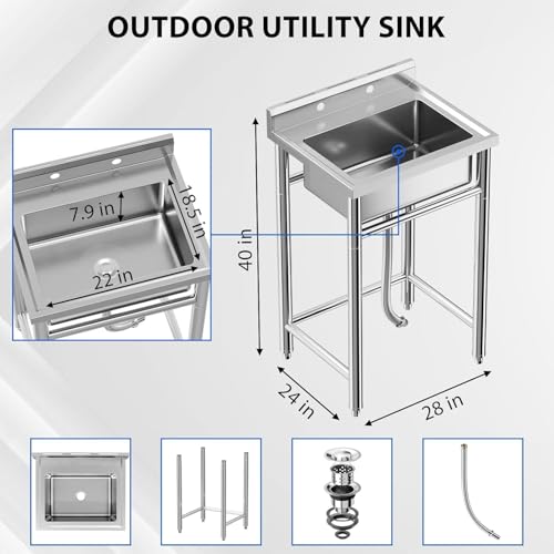28"x20"x34" Stainless Steel Utility Sink, Freestanding Single Bowl with Hot & Cold Water Faucet
