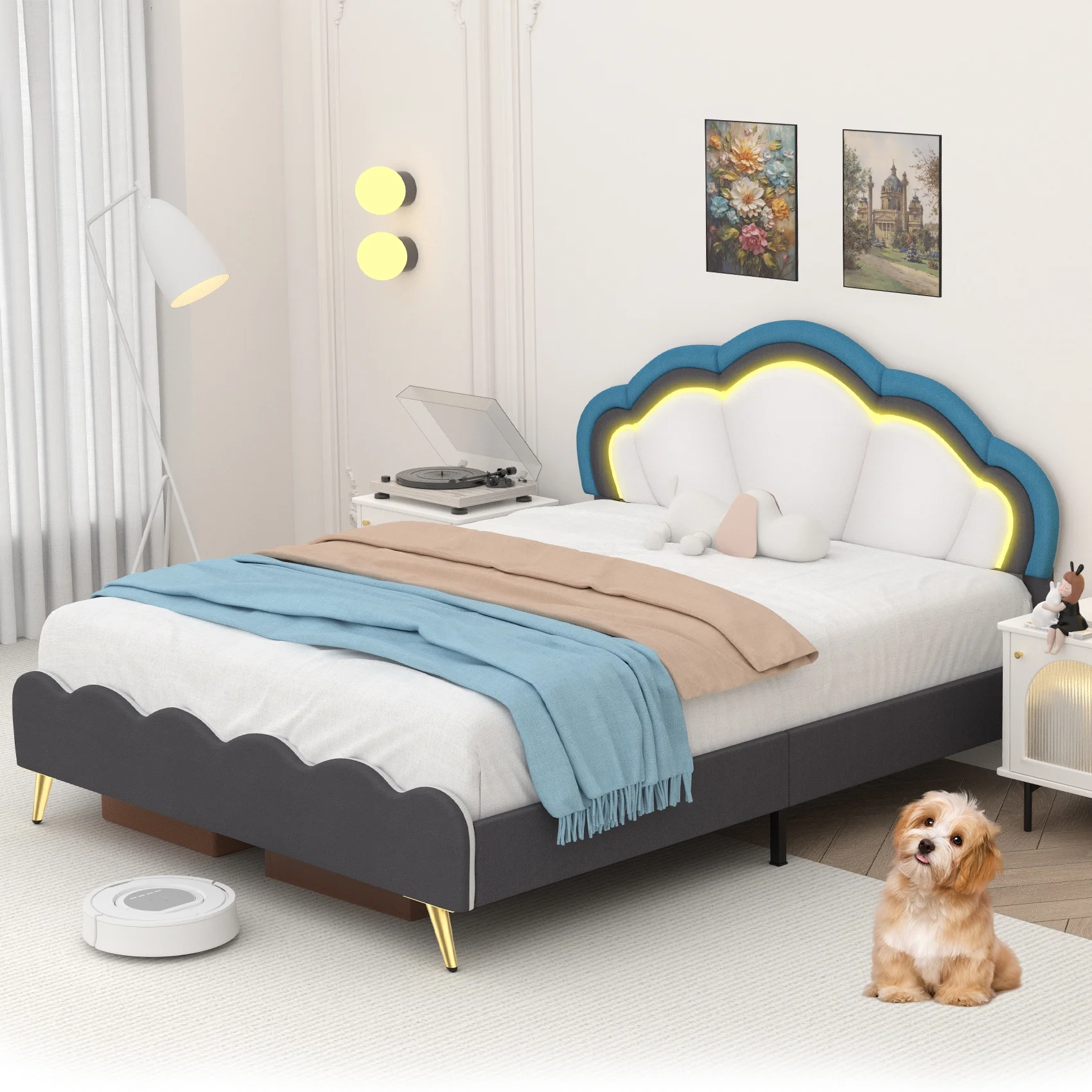 Winkalon LED Bed Frame,Twin Size Bed for Kids Girls,Velvet Upholstered Platform Bed with Adjustable Headboard,White