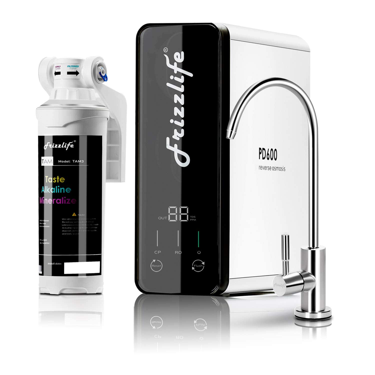 Frizzlife RO Reverse Osmosis Water Filtration System - 600 GPD High Flow, Tankless, Reduce TDS, Compact, Alkaline Mineral PH, 1.5:1 Drain Ratio