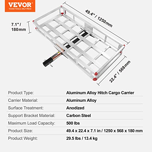 VEVOR 50 x 29.5 x 8.7 inch Hitch Cargo Carrier, 500lbs Capacity Trailer Hitch Mounted Cargo Basket, Aluminum Luggage Carrier Rack with Folding Ramp