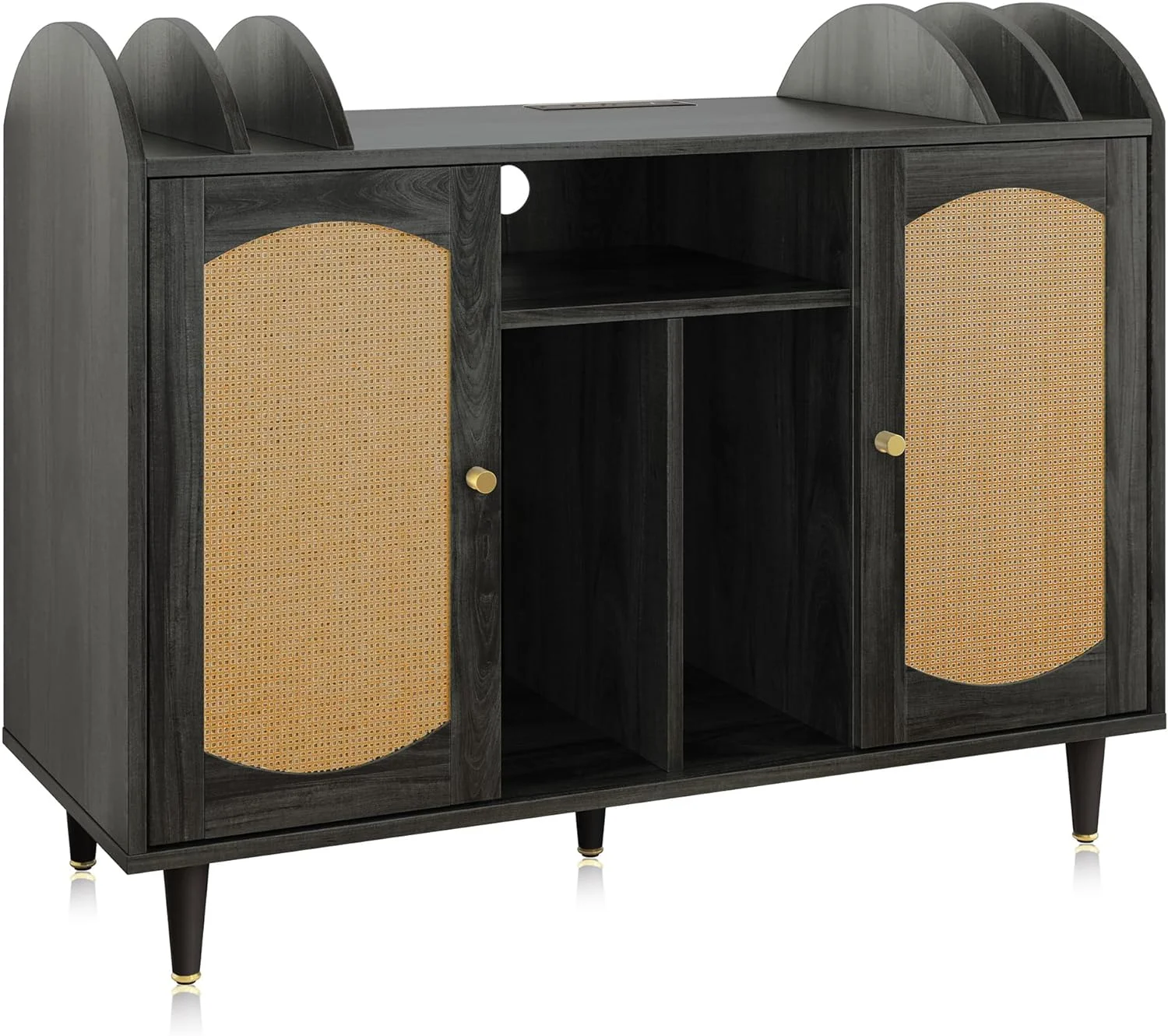 LNboomLife Mid-Century Record Player Stand  Vinyl Record  Cabinet Holds up to 350+ Albums  Rattern Decorated Turntable Stand with Power Outlet for