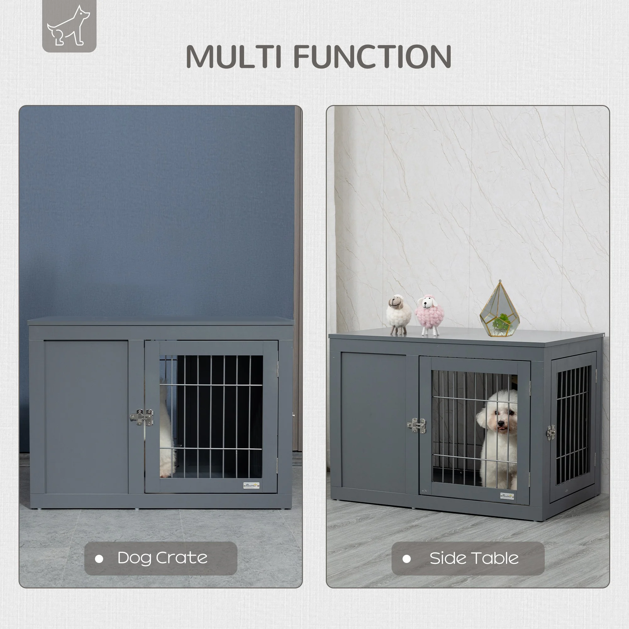 PawHut Dog Crate Furniture Wire Indoor Pet Kennel Cage, End Table with Double Doors, Locks for Small and Medium Dog House, Grey