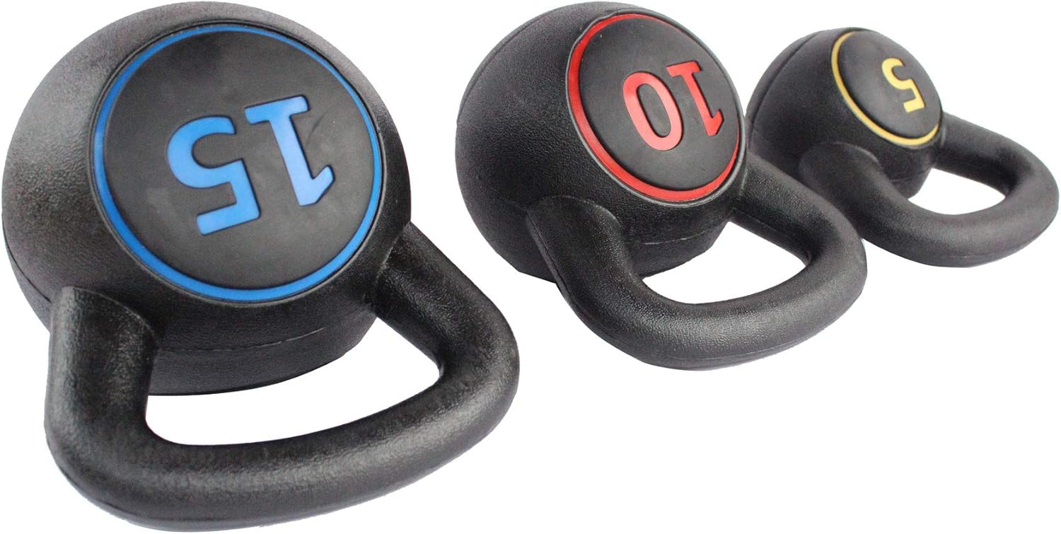 HooKung 3-Piece Kettlebell for Home Gym and Home Workouts Exercise Fitness Weight Set w/ 5lb, 10lb, 15lb Weights, Base Rack Pack of 2