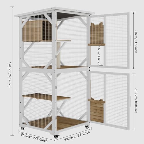 OFIKA Cat House Catio Outdoor Enclosure with Waterproof Roof,71'' cat House & Condos on Wheels for Outdoor Patio,Cat Window Box,Scratching Post（White）