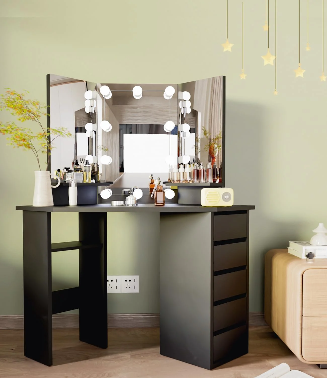 Corner Makeup Vanity Desk with Mirror and Lights, Bedroom Vanity Table with Lighted Mirror 5 Drawers and Storage Shelf for Women Girls Black