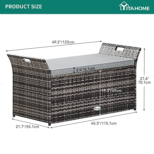 YITAHOME 90 Gallon Outdoor Wicker Storage Bench w/Cushion, Large PE Rattan Deck Storage Box w/Handles & Hydraulics for Patio Furniture, Cushions