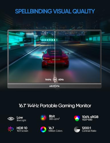 ARZOPA 16.1'' 144Hz Portable Gaming Monitor, 106% sRGB 1080P FHD Kickstand Portable Monitor with HDR, Ultra Slim, Eye Care