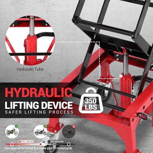 Hydraulic Motorcycle Lift Jack 350LBS, Foot Operated Scissor Lift Table for ATV Dirt Bike, Heavy-Duty Steel Stand with Safety Lock & Wheels
