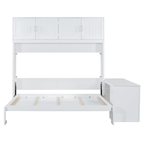 Queen Size Murphy Bed Wall Bed with Desk and Closet,Drawers and Shelves,for Small Spaces Studio Study Office Guest Room Use (Gray#Desk, Queen)