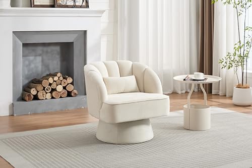 GarveeHome Modern Swivel Barrel Accent Chair, 360° Teddy Fabric Upholstered Armchair with Striped Backrest & Plush Padding