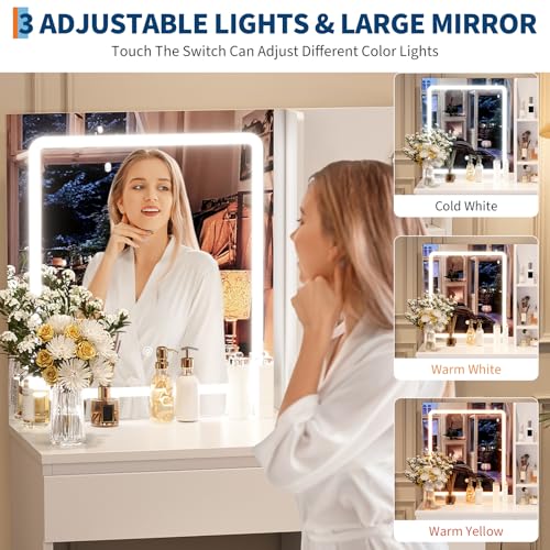 Vanity Desk with Mirror and Lights - Modern Makeup Dressing Table with Outlets, Storage Stool, 4 Drawers & Hair Dryer Holder