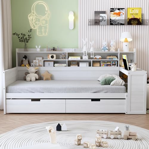 Corner Twin Bed Frame with Bookcase Storage and Desk, Wood Day Beds with 2 Drawers, Twin Size Daybed with Storage for Living Room