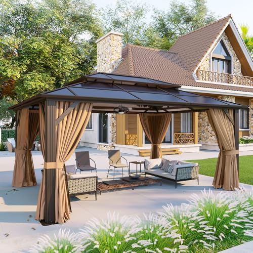 Aoxun 12'x10' Hardtop Gazebo, Aluminum Frame Permanent Pavilion with Curtains and Netting, Outdoor Polycarbonate Double Roof Canopy