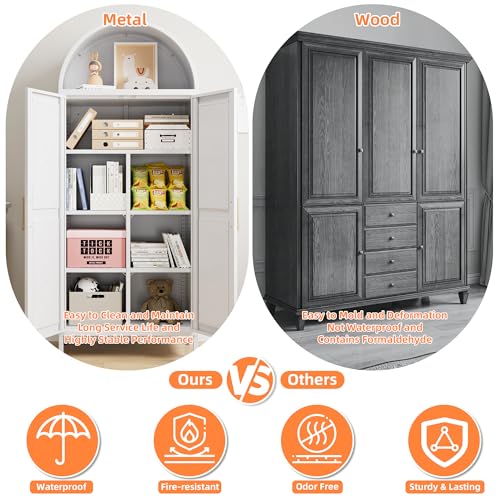 Tall Kitchen Pantry Cabinet, Metal Display Storage Cabinets with 4 Doors/2 Drawers for Kitchen Home Office Living Room, Assembly Required