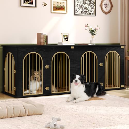 71" Dog Crate Furniture for 2 Dogs, Heavy Duty Indoor Dog Kennel TV Stand, XXL Wooden Dog Cage with Divider for Medium Large Dogs