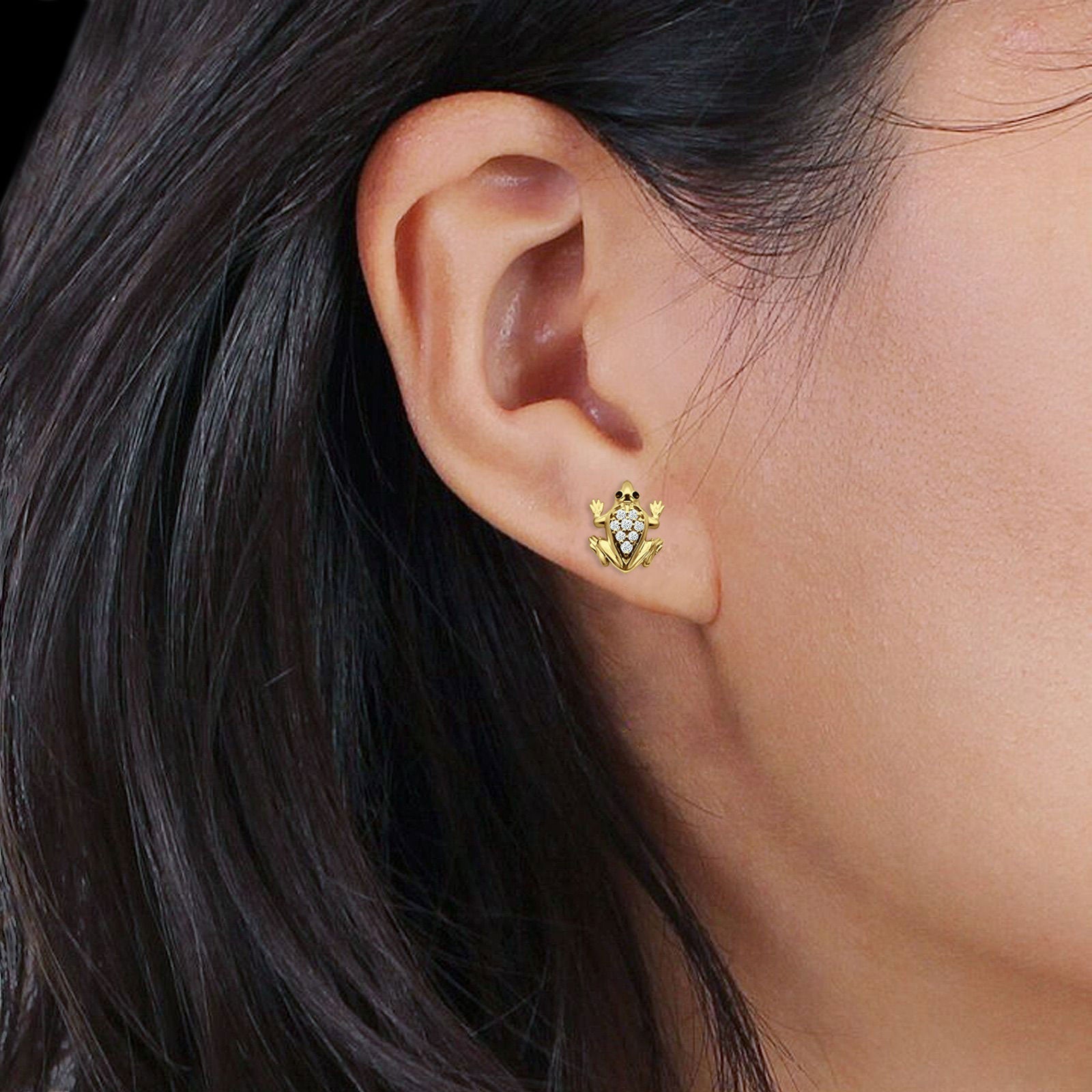 14K Yellow Gold Dainty Cute Animal Jewelry Diamond 0.08ct Frog Stud Earrings