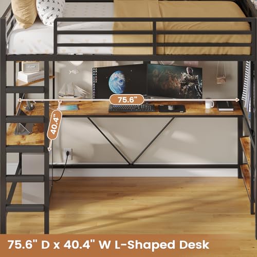 VIAGDO Loft Bed Twin Size with Hall Tree, Charging Station and LED Lights, Metal Loft Bed with L-Shaped Desk, 5 Storage Drawers