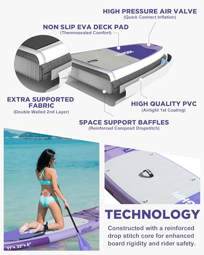 Highpi Inflatable Stand Up Paddle Board Premium SUP Accessories, Backpack, Wide Stance, Surf Control, Non-Slip Deck, Leash, Paddle and Pump