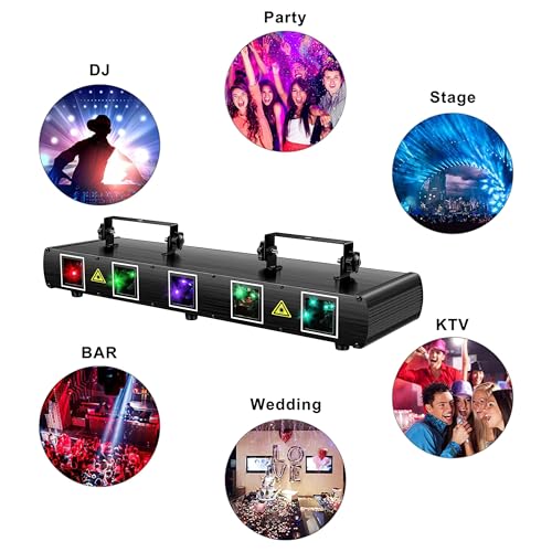 U`King Stage Laser Light, 5 Beam Sound Activated DJ Party Lights RGBYC LED Music Projector with Remote Control DMX for Dancing Birthday Bar Pub Stage