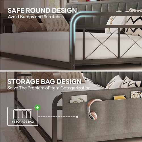 LIKIMIO Daybed with Trundle Bed, Twin Bed Frame with Storage Headboard and Charging Station, Sofa Day Bed with Strong Supports for Living Room