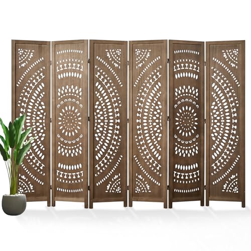 66.9Inch Folding Room Divider, 6 Panels Wood Carved Privacy Screens