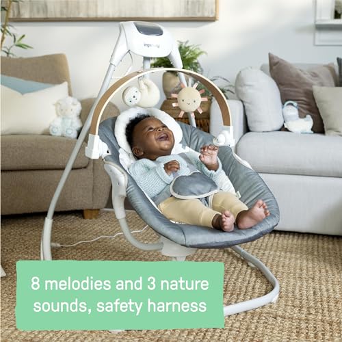 Ingenuity SimpleComfort Lightweight Compact 6-Speed Multi-Direction Baby Swing, Vibrations & Nature Sounds, 0-9 Months 6-20 lbs (Pink Cassidy)
