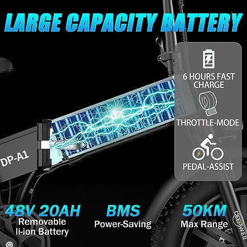 IDOTATA Electric Bicycle for Adults,1000W Motor, 48V 20AH Removable Battery, 31MPH, 31Miles Range, 7-Speed, 20" x4.0 Fat Tire Electric Folding ebike