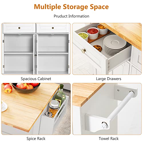 Kitchen Cart with Wood Top and Drop Leaf Breakfast Bar, Rolling Mobile Kitchen Island Table on Wheels with Drawer and Storage Cabinet, Spice Rack
