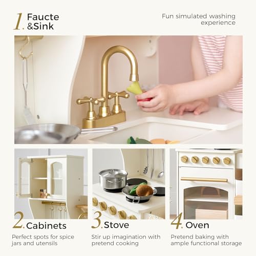 Tiny Land Play Kitchen for Kids with Enhanced Storage – Modern Toddler Kitchen Playset with Stove, Sink & Accessories, Organized Wooden Toy Kitchen