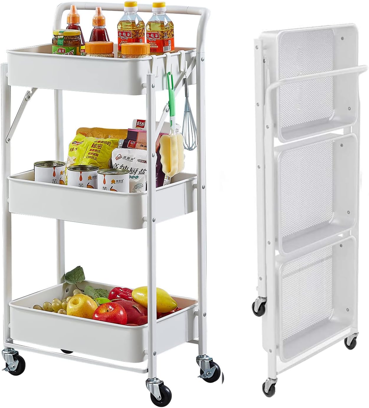 Foldable Utility Storage Cart Multifunctional Metal Storage Bin Heavy Duty Organizer Cart with Rolling Wheels Organization Cart for Home Office