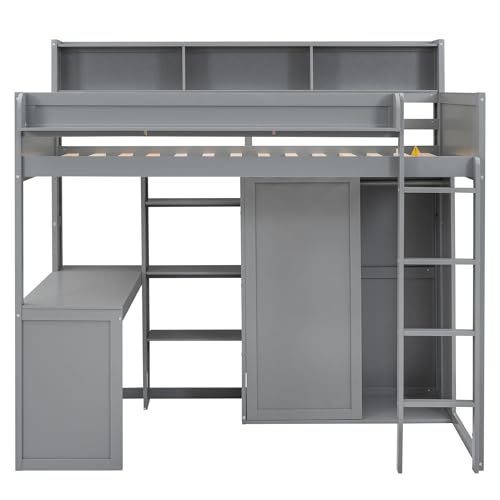 Harper & Bright Designs Twin Size Loft Bed with Wardrobe, Desk and Multiple Storage Shelves, Solid Wood Loft Bed Frame with Bookshelf