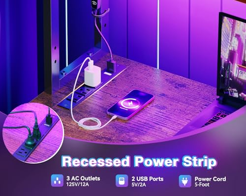 AODK L Shaped Desk Gaming Desk with LED Light & Power Outlet