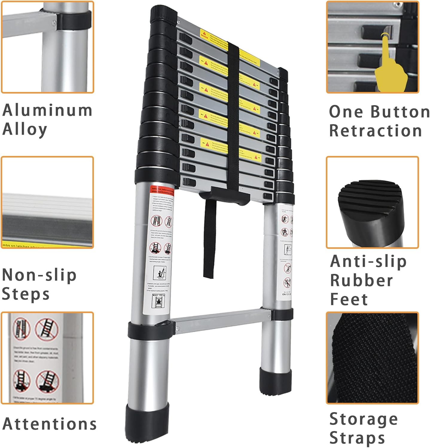 Telescoping Extension Ladder 14.5 FT, Folding Telescopic Aluminum Ladders, Lightweight Collapsible Ladder Step for RV Roof Attic Home
