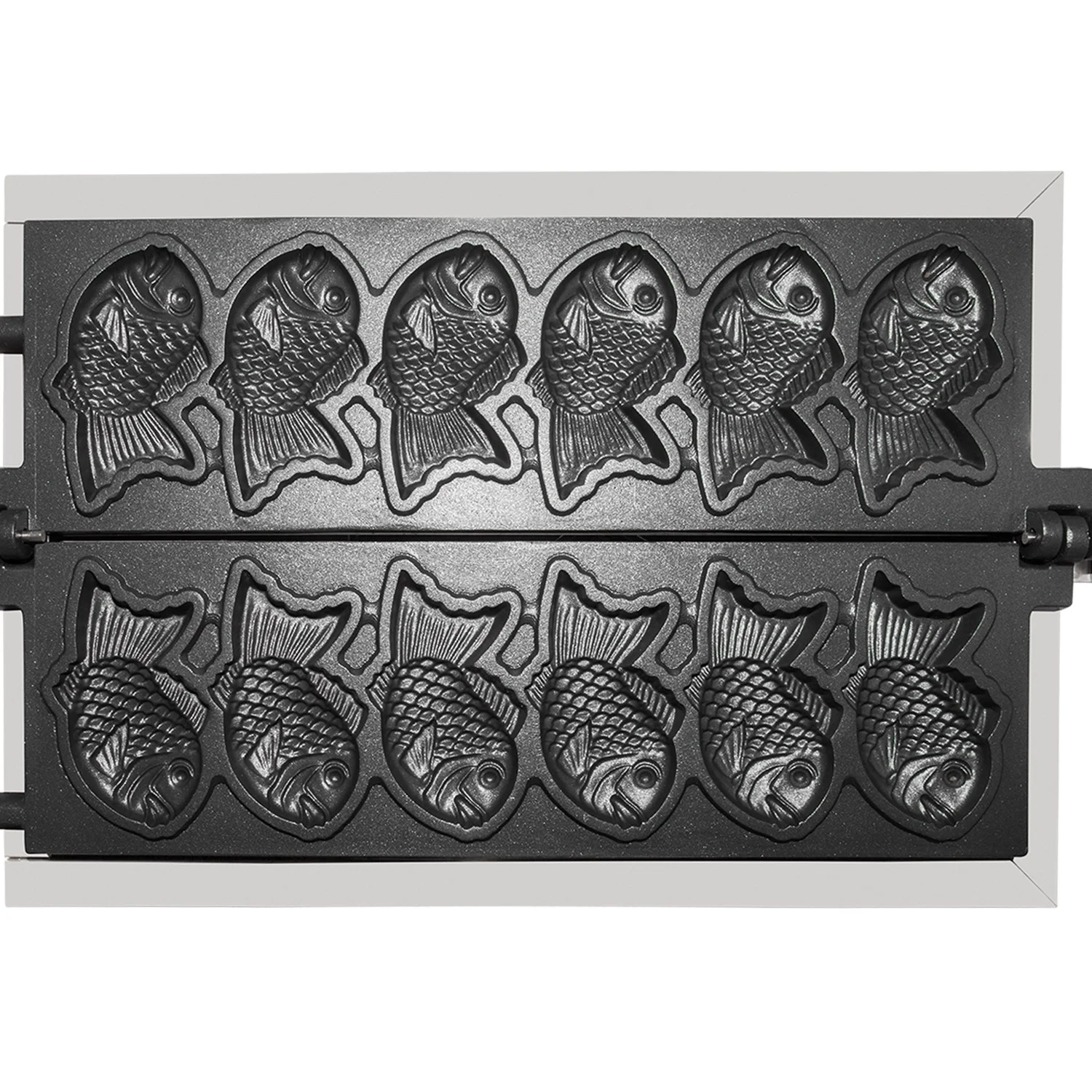 GorillaRock Taiyaki Iron | Electric Taiyaki Machine | 6 Close-Mouth Fish Shaped Waffles | Nonstick Coating | Wooden Handles