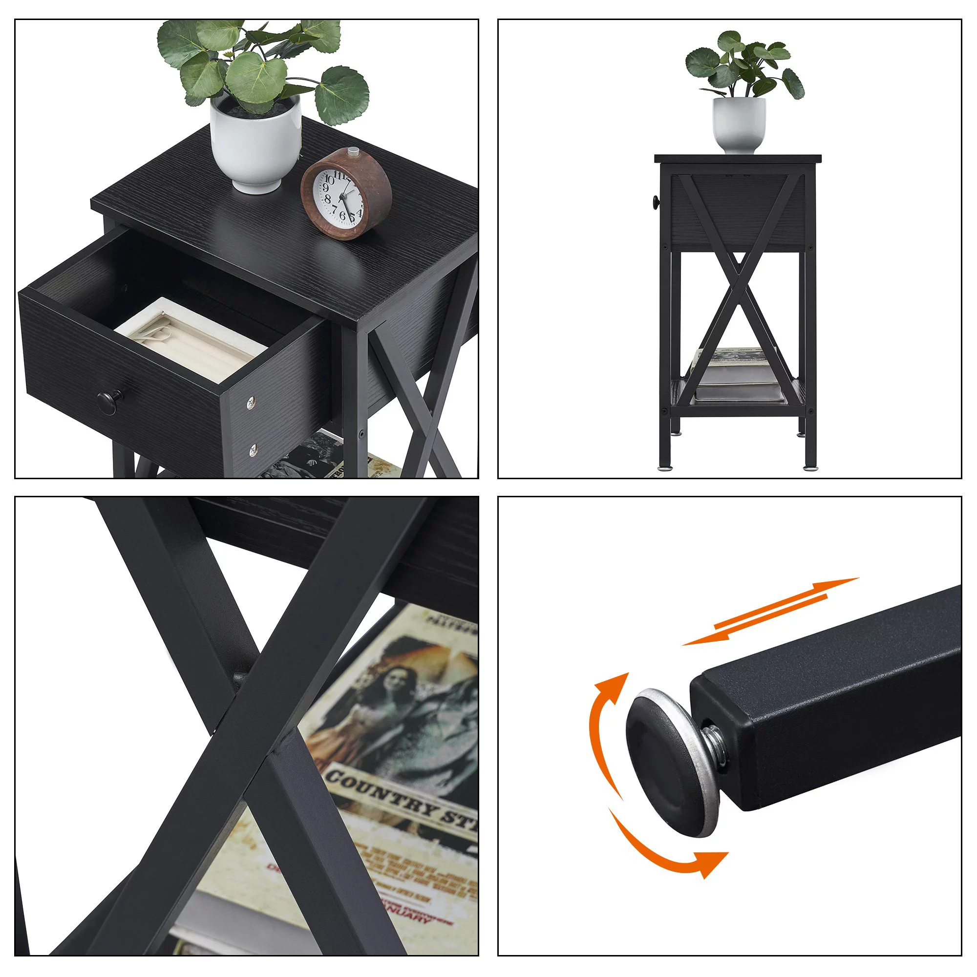 3-Piece Bedroom Sets, Twin Size Metal Bed Frame and 2 Black Nightstands