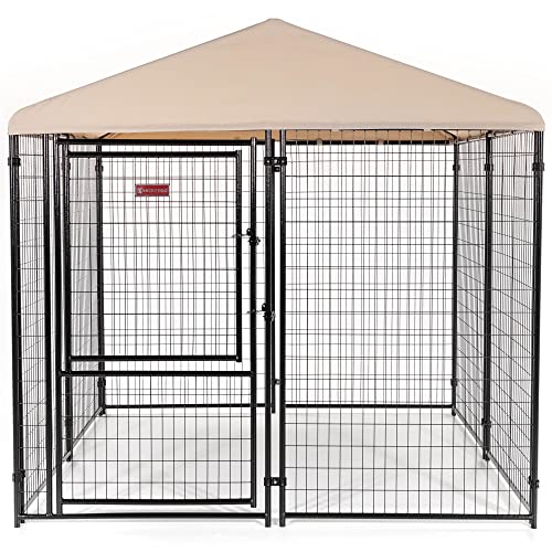 Stay Series 4 by 4 by 4.3 Feet Studio Jr. Black Powder Coat Steel Frame Outdoor Dog Kennel with Waterproof Canopy Roof and Gate Door, Khaki