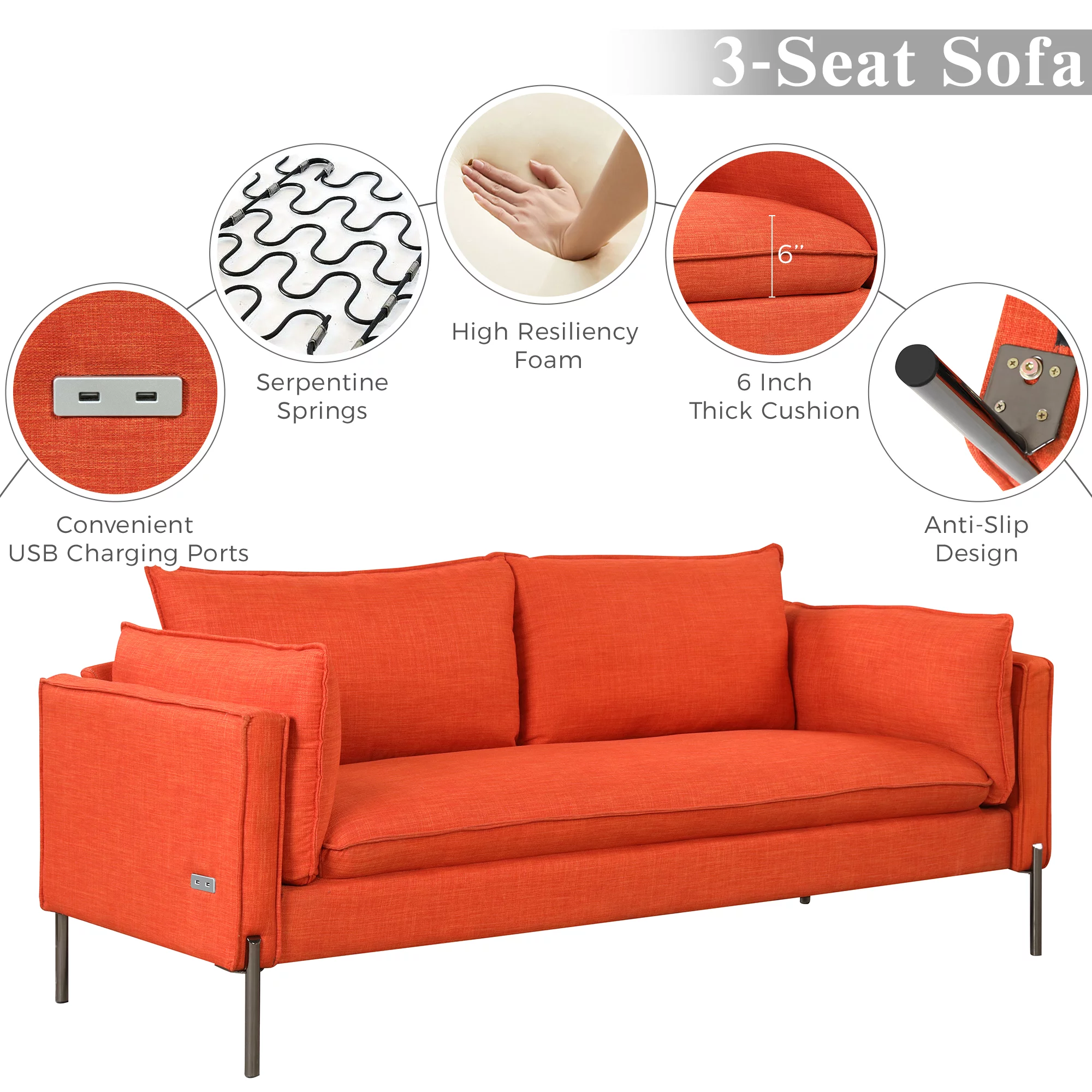 Anself Modern Style 3 Seat Sofa Linen Fabric Upholstered Couch Furniture 3-Seats Couch for Different Spaces,Living Room,Apartment