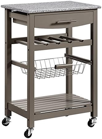 Riverbay Furniture Granite Top Pine Wood Rolling Kitchen Island Microwave Cart on Wheels with Storage in Green
