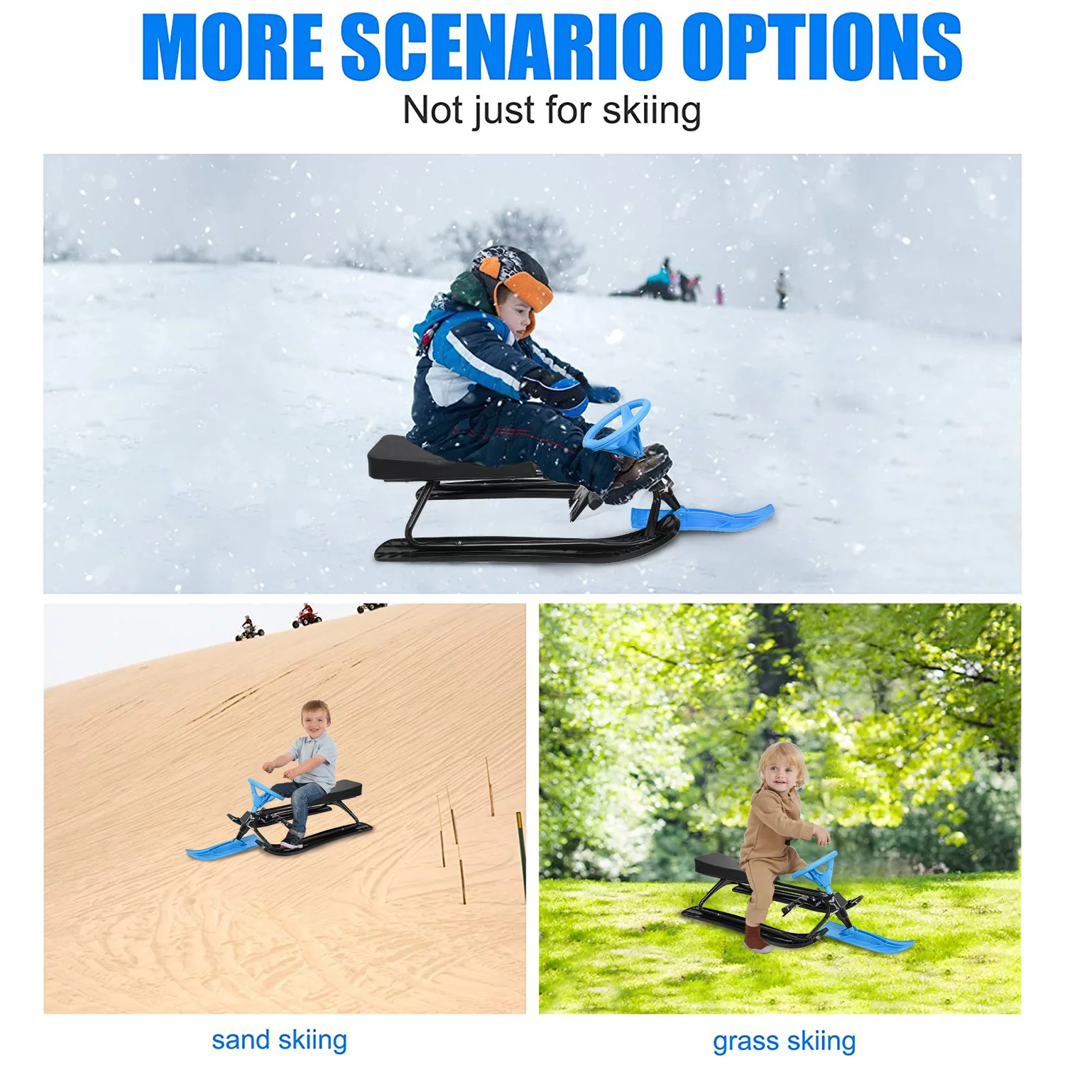 uhomepro Snow Racer Sled for Kids Toddlers Sports Toy, Classic Ski Slider Board with Steering Wheel, Twin Brakes, Durable Steel Frame