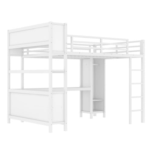 Metal Loft Bed with Wardrobe and L-Shaped Desk, Full Size Loft Bed with Storage Cubes and Shelves, Heavy Duty Loft Bed for Kids Teens, White