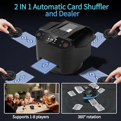 Automatic Card Shuffler and Dealer Machine，Card shuffler 2 Deck，360 &deg;Rotating Card Dealer，Eletric Shuffling and Dealing Machine All in ONE