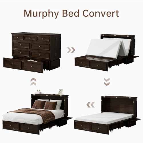 Murphy Bed Cabinet Full, Solid Wood Murphy Bed with 2 USB & 2 Charging Ports, Large Storage Drawer for Home Office or Small Space