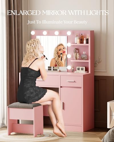 Vanity Desk with Mirror and Lights, Makeup Vanity with Drawer & Storage Shelves, Cabinet, 3 Lighting Modes Adjustable Brightness