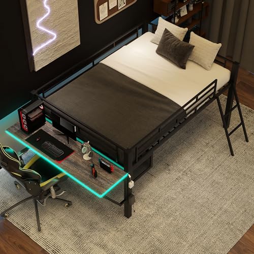 Gaming Bed with Desk,Wardrobe,Ample Storage Space,and RGB LED Light, Full Size Wood Loft Bed for Kids Bedroom (Cloud Blue/K)